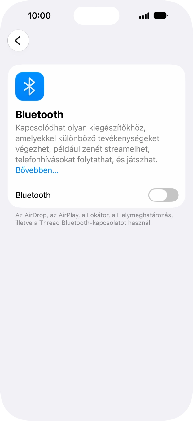 Kattints a „Bluetooth” melletti csúszkára a funkció bekapcsolásához. Kattints a „Bluetooth” melletti csúszkára a funkció bekapcsolásához.