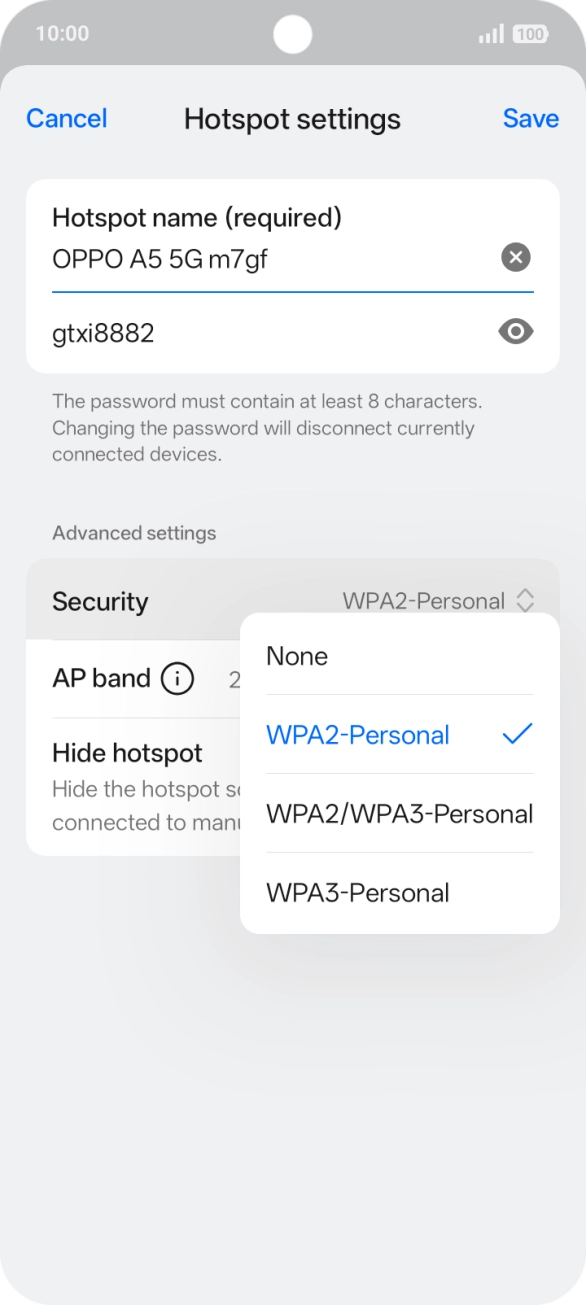 Press WPA3-Personal to password protect your Wi-Fi hotspot.