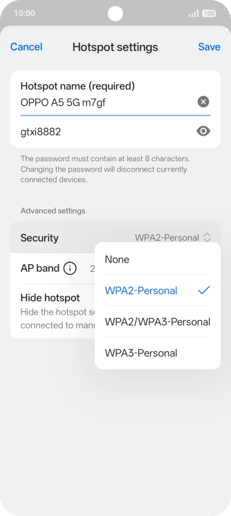 Press WPA3-Personal to password protect your Wi-Fi hotspot.