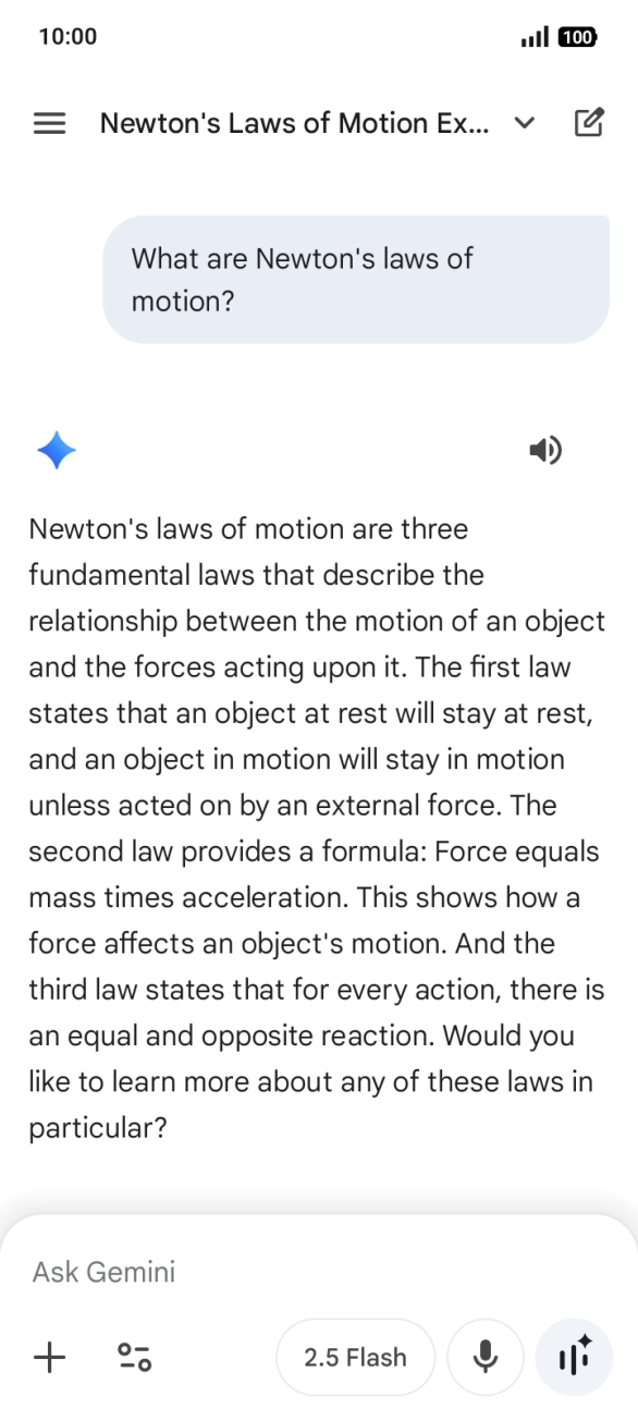 Transcription of the conversation with Gemini Live is now displayed.