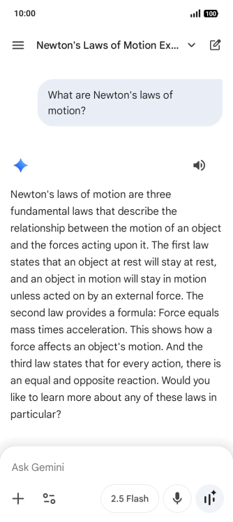 Transcription of the conversation with Gemini Live is now displayed.