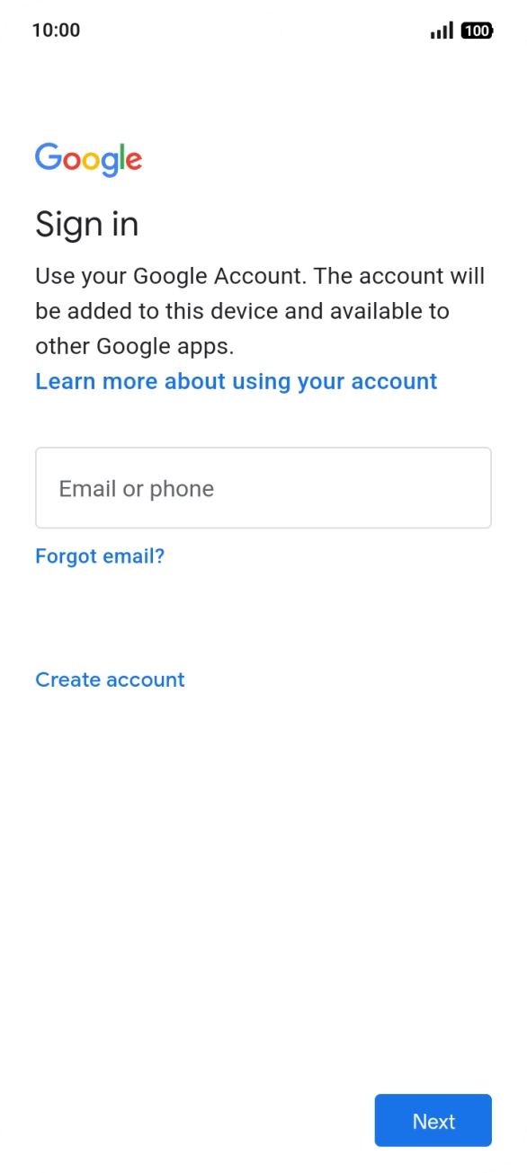 If you don't have a Google account, press Create account and follow the instructions on the screen to create an account.