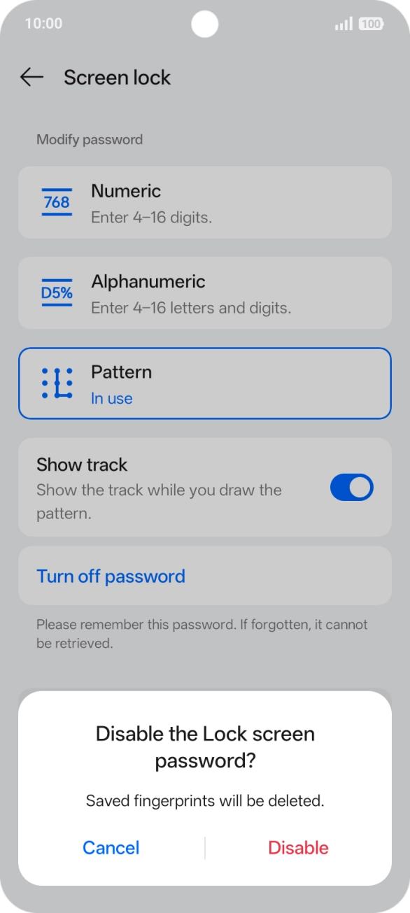 Press Disable and key in the additional phone lock code you created earlier.