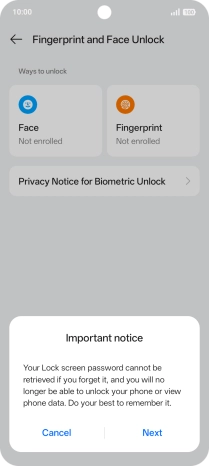 Press Next and follow the instructions on the screen to create an additional phone lock code.