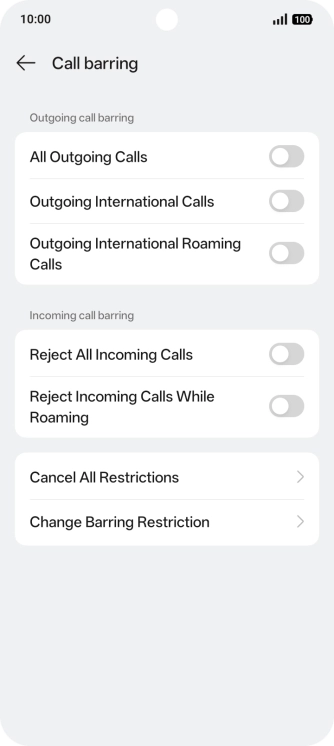 Press the indicator next to the required barring type to turn the function on or off.