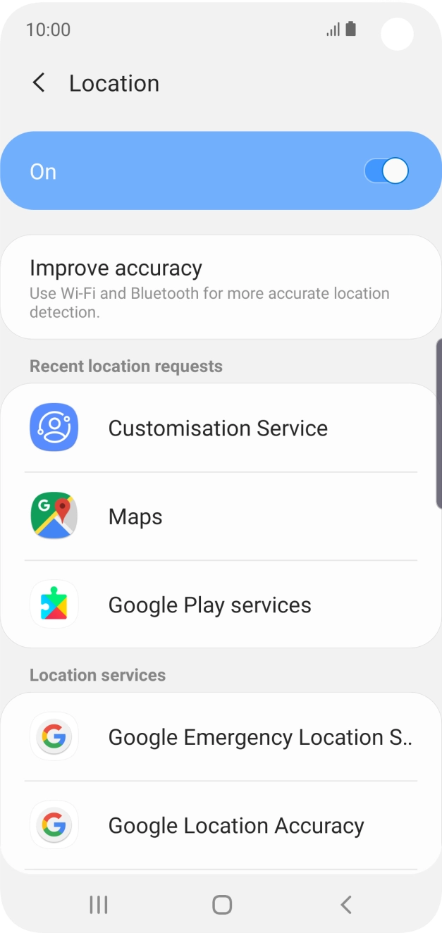 Press Google Location Accuracy. Press Google Location Accuracy.