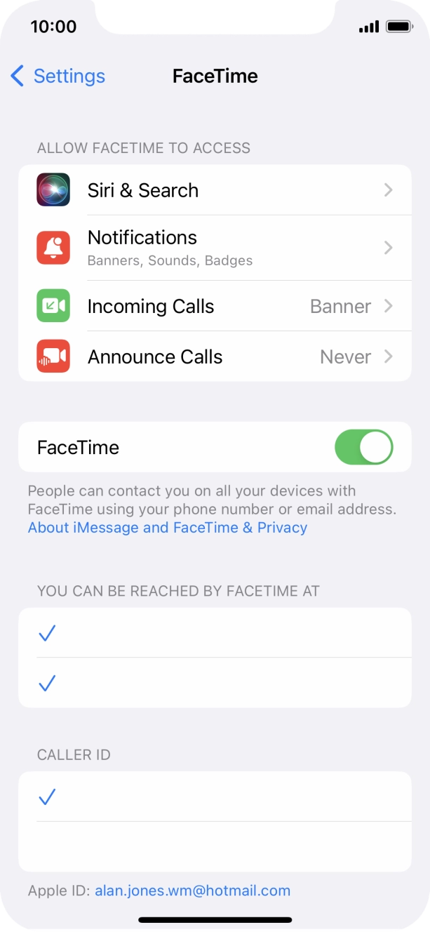 Press the indicator next to 'FaceTime' to turn the function on or off. Press the indicator next to 'FaceTime' to turn the function on or off.
