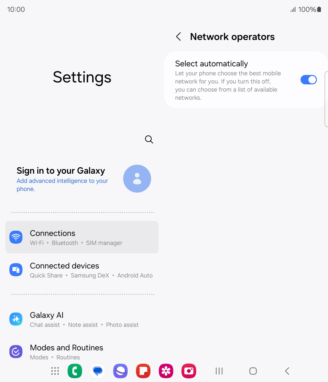 Press the indicator next to 'Select automatically' to turn off the function and wait while your phone searches for networks. Press the indicator next to 'Select automatically' to turn off the function and wait while your phone searches for networks.