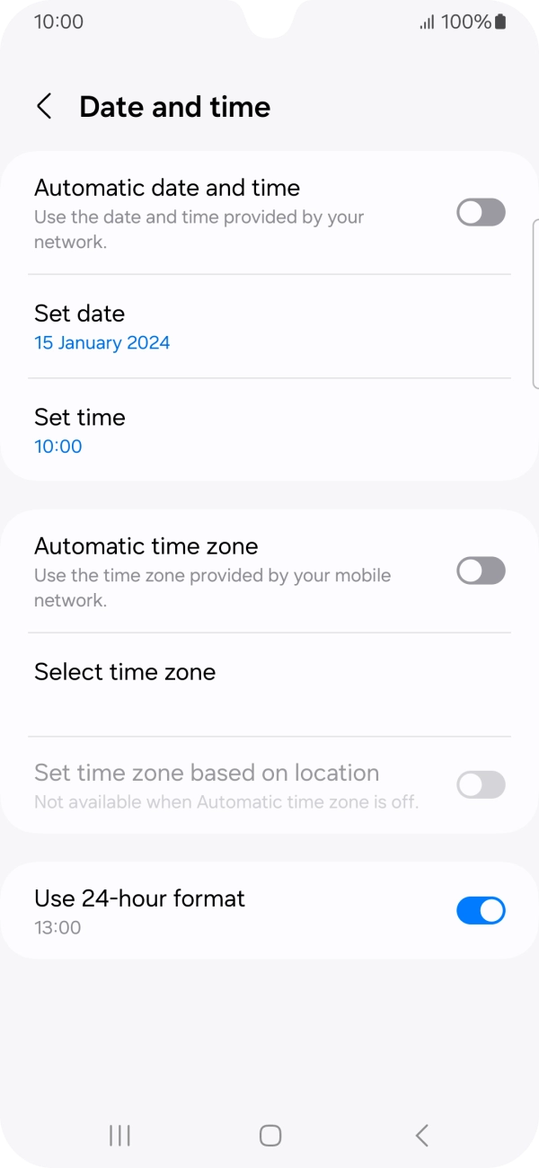 Press the indicator next to 'Automatic date and time' to turn on the function.