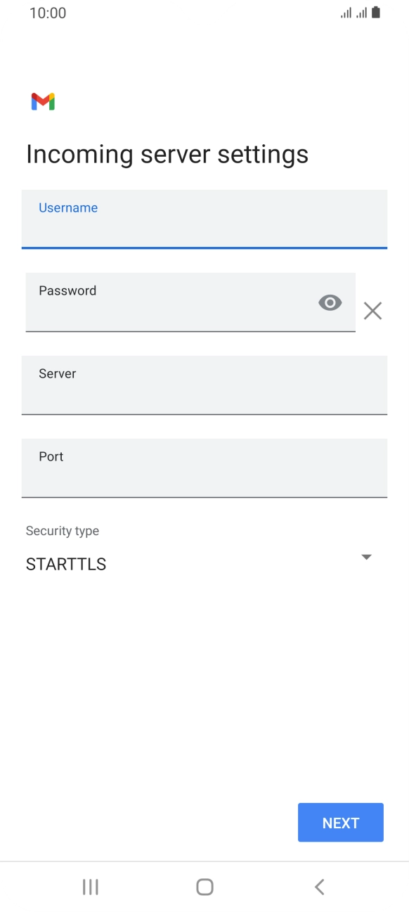 Press the field below 'Server' and key in the name of your email provider's incoming server. Press the field below 'Server' and key in the name of your email provider's incoming server.