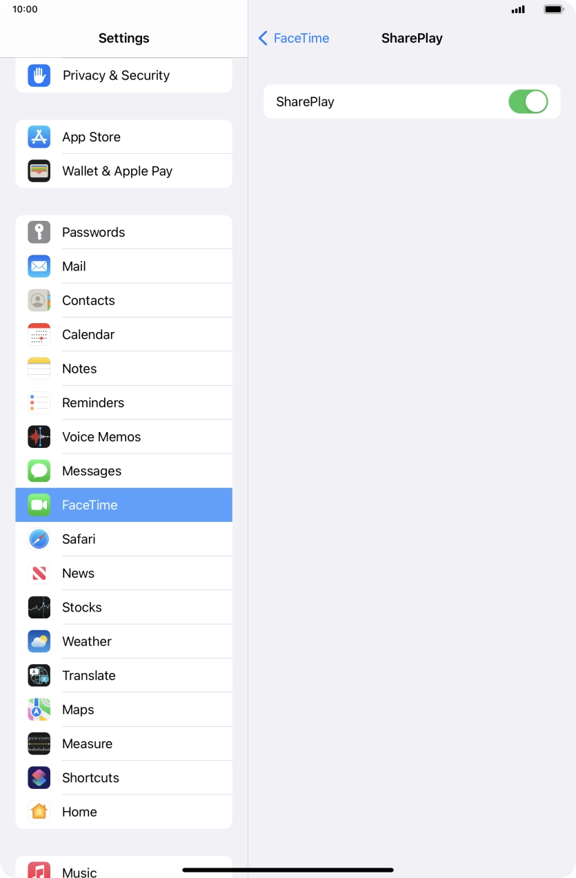 Press the indicator next to 'SharePlay' to turn the function on or off. Press the indicator next to 'SharePlay' to turn the function on or off.