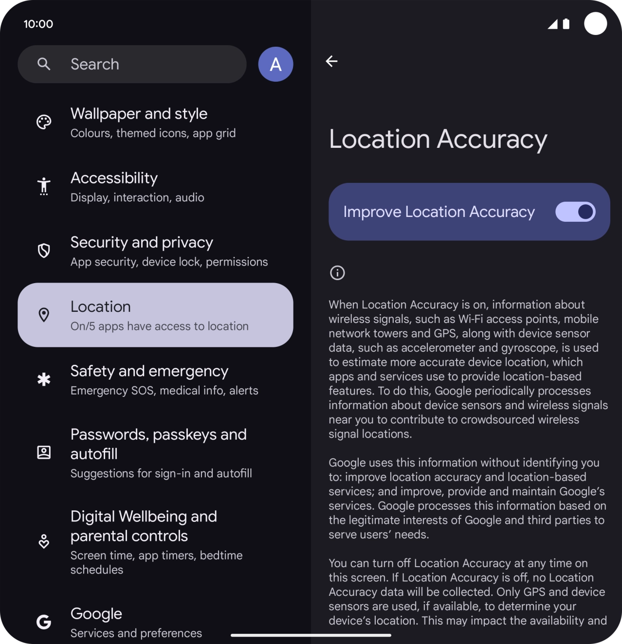 If you press the indicator next to 'Improve Location Accuracy' to turn off the function, your phone can find your exact position using the GPS satellites but it may take longer as there is no access to supplementary information from the mobile network or nearby WiFi networks.