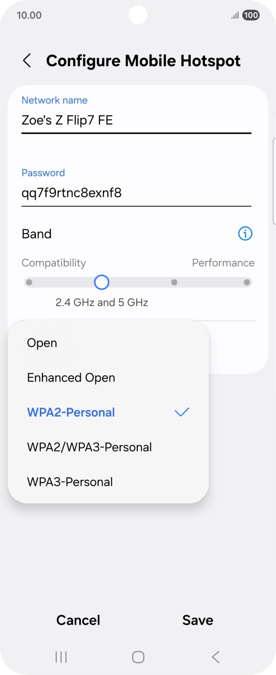 Press WPA3-Personal to password protect your WiFi hotspot. Press WPA3-Personal to password protect your WiFi hotspot.