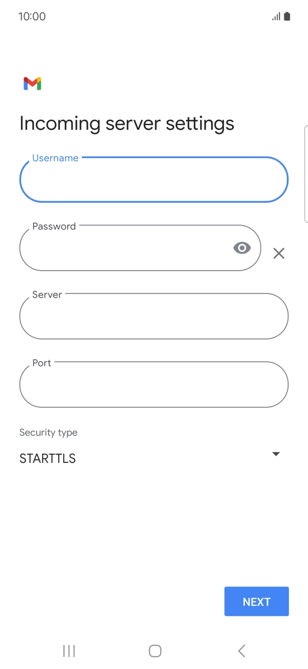 Press the field below 'Server' and key in the name of your email provider's incoming server. Press the field below 'Server' and key in the name of your email provider's incoming server.