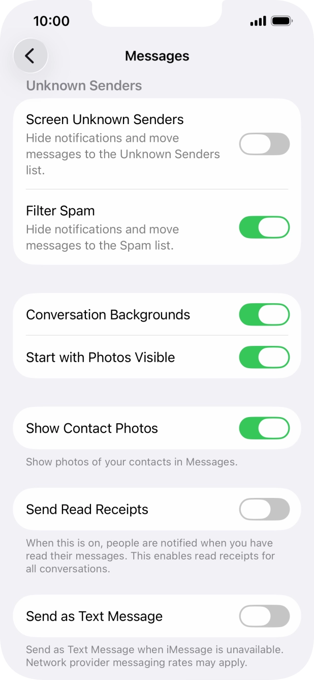 Press the indicator next to 'Send as Text Message' to turn the function on or off.