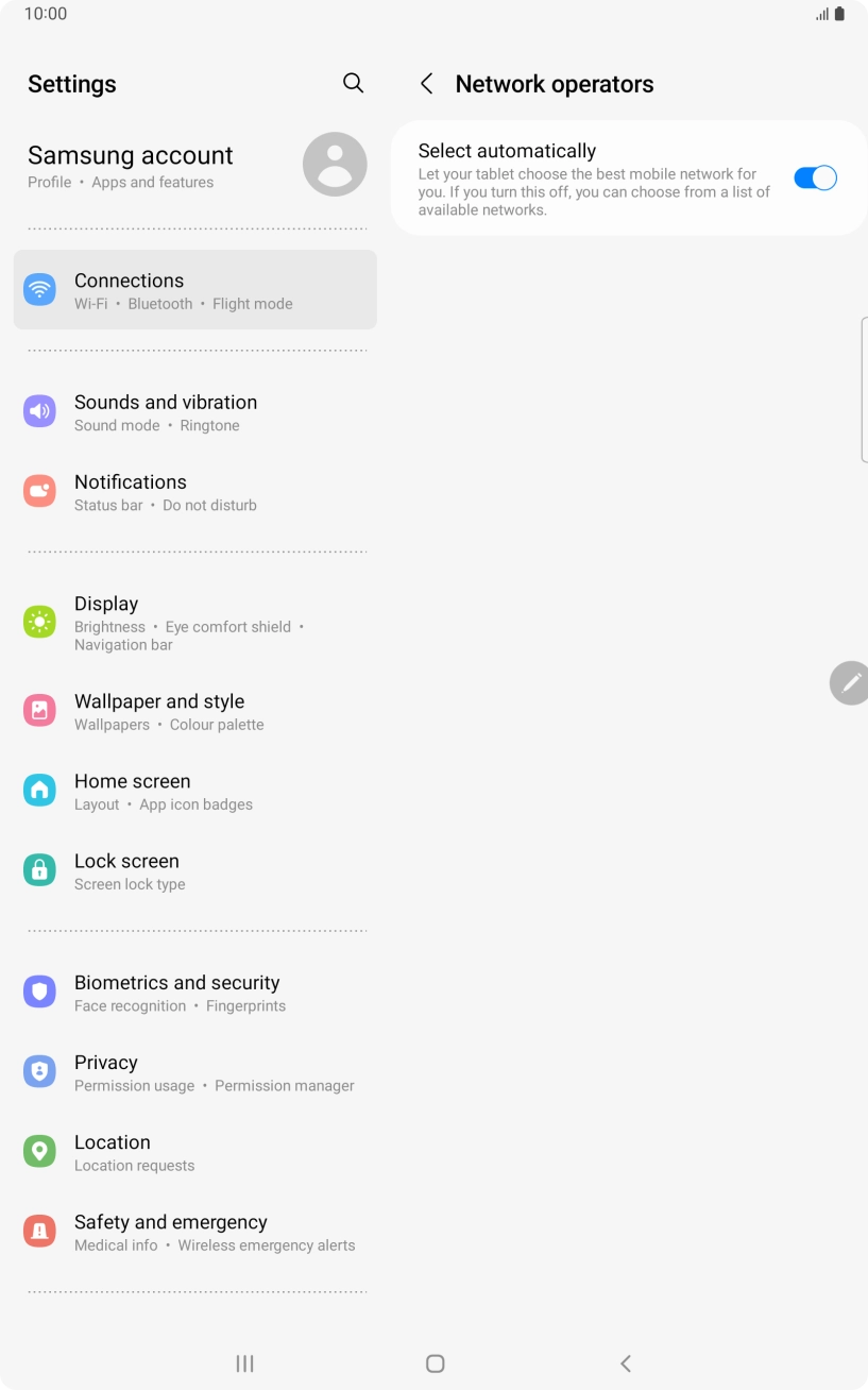 Press the indicator next to 'Select automatically' to turn off the function and wait while your tablet searches for networks. Press the indicator next to 'Select automatically' to turn off the function and wait while your tablet searches for networks.