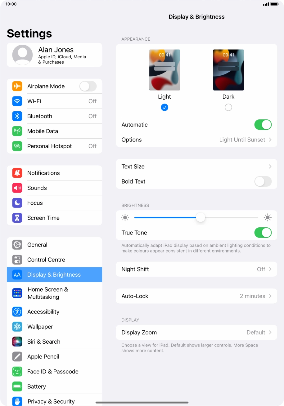 If you turn on the function, press Options and follow the instructions on the screen to select the required period of time for Dark Mode.