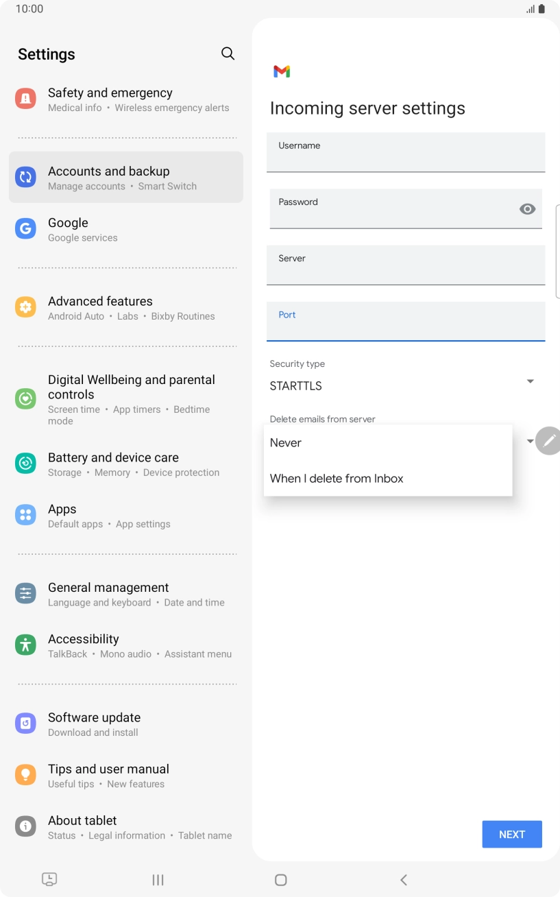 Press Never to keep emails on the server when you delete them on your tablet. Press Never to keep emails on the server when you delete them on your tablet.