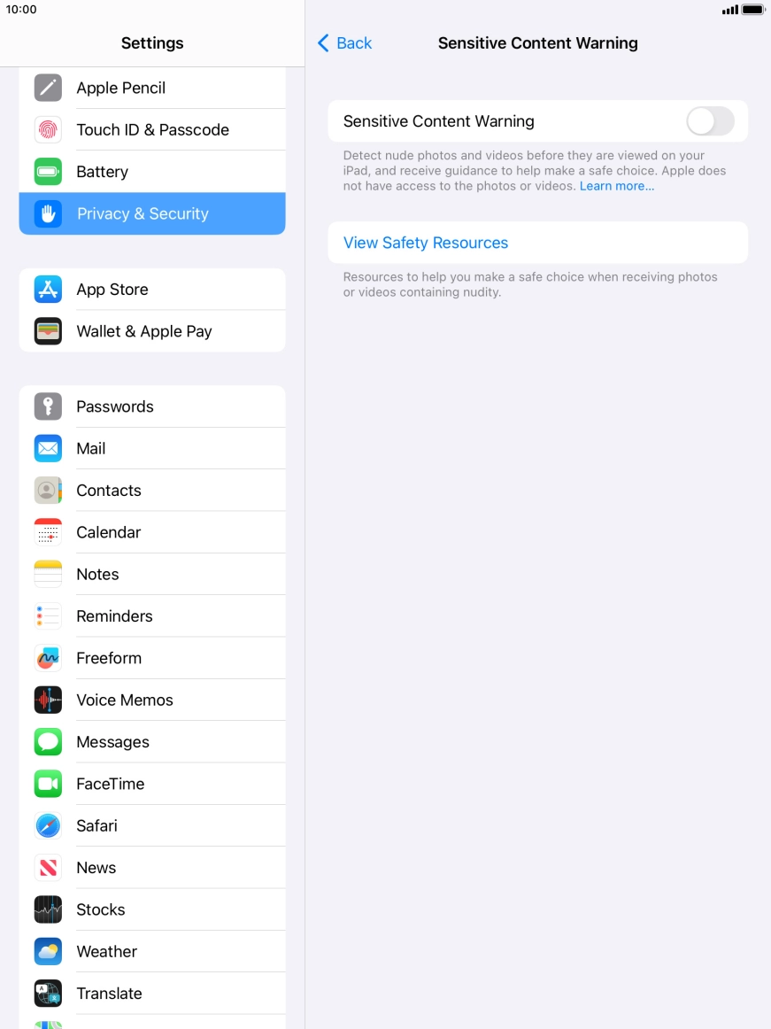 Press the indicator next to 'Sensitive Content Warning' to turn the function on or off.