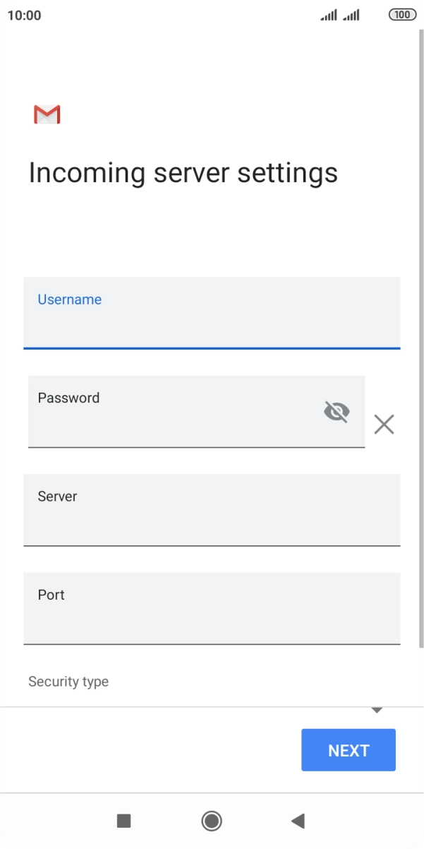 Press the field below 'Server' and key in the name of your email provider's incoming server. Press the field below 'Server' and key in the name of your email provider's incoming server.