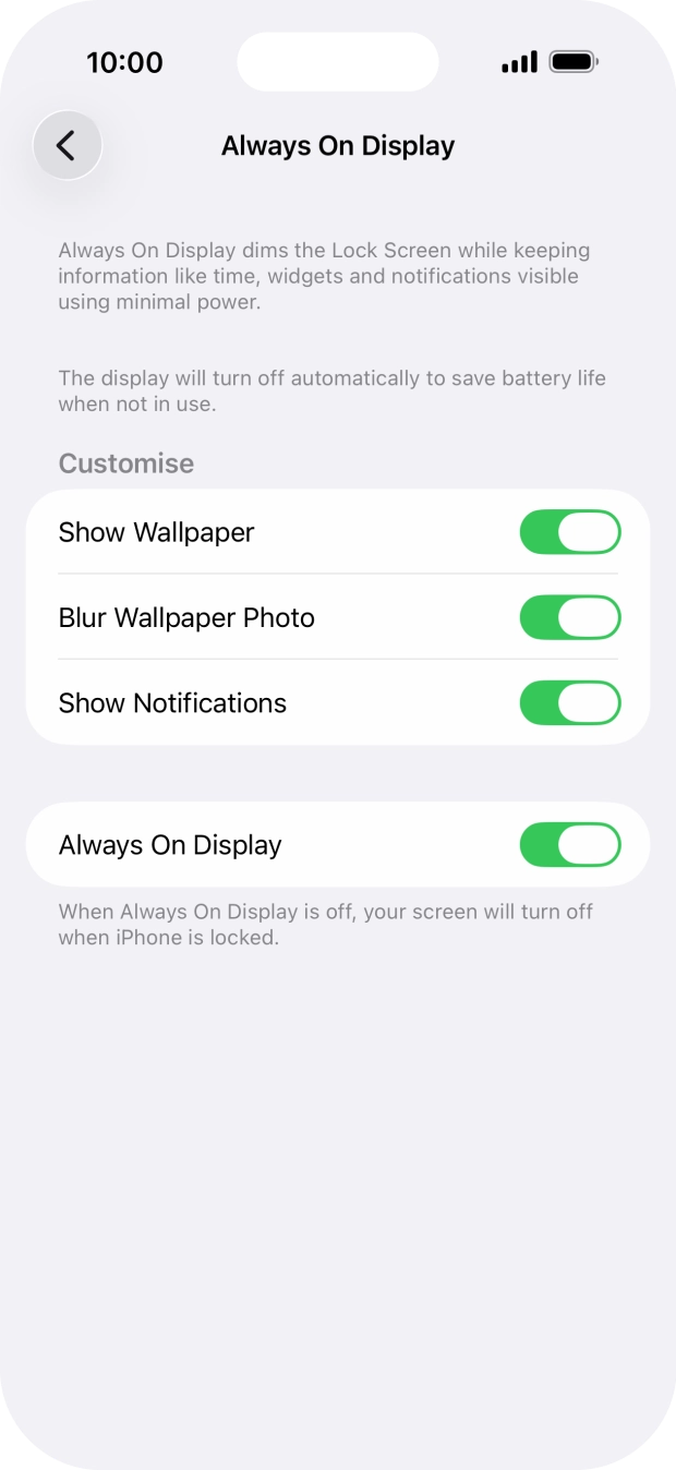 Press the indicator next to 'Always On Display' to turn the function on or off. Press the indicator next to 'Always On Display' to turn the function on or off.