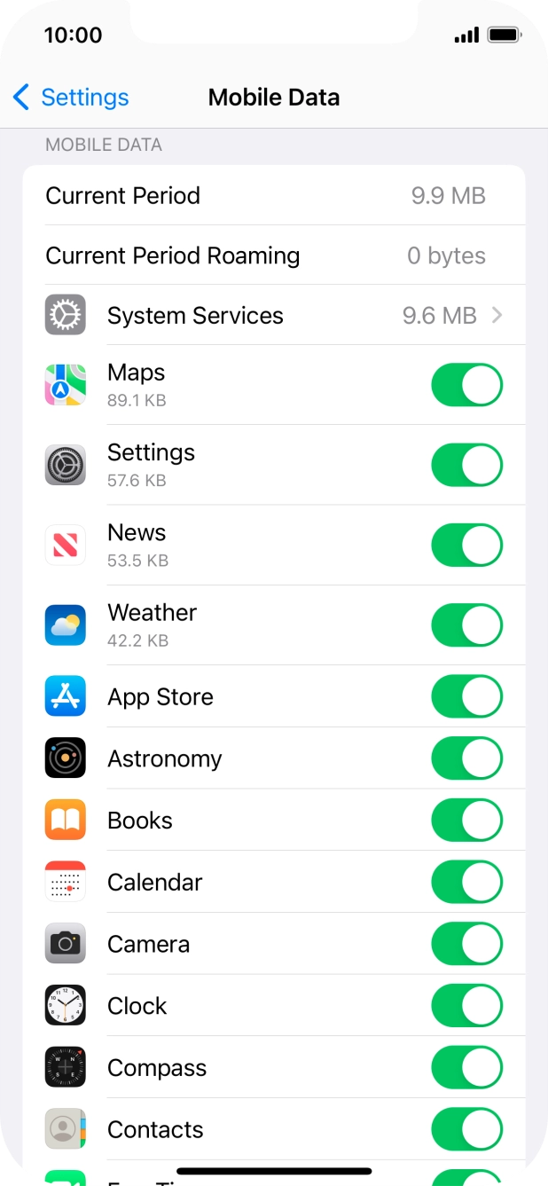 The data usage for each application is displayed below the name of the application.