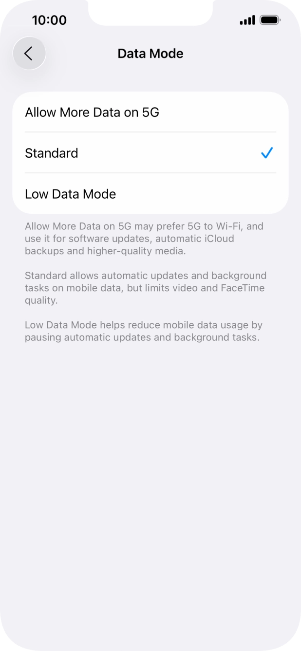 Press the required setting.