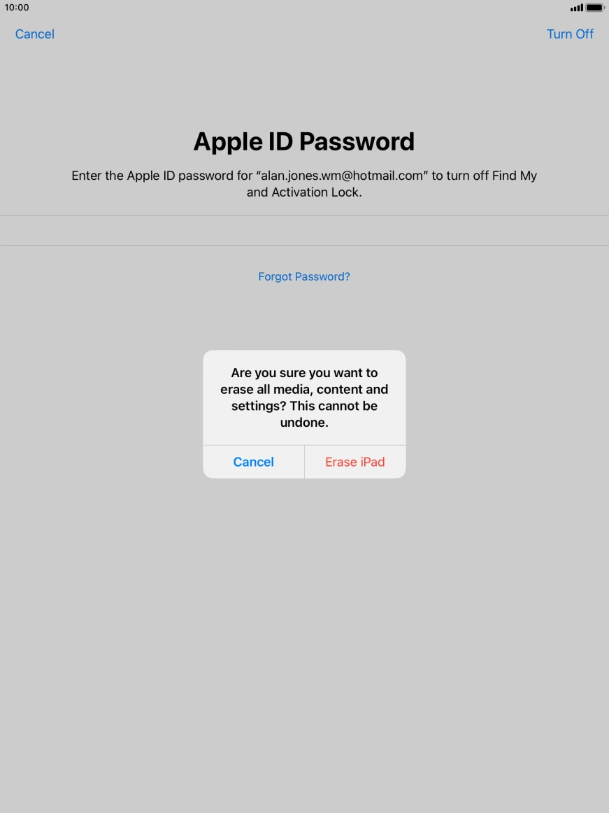 Key in the password for your Apple ID and press Erase iPad. Wait a moment while the factory settings are restored. Follow the instructions on the screen to set up your tablet and prepare it for use.