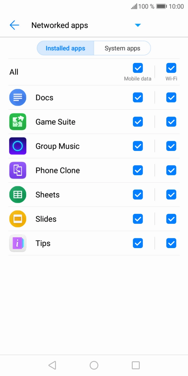Press the field next to the application name in the 'Mobile data' column to turn the function on or off. Press the field next to the application name in the 'Mobile data' column to turn the function on or off.