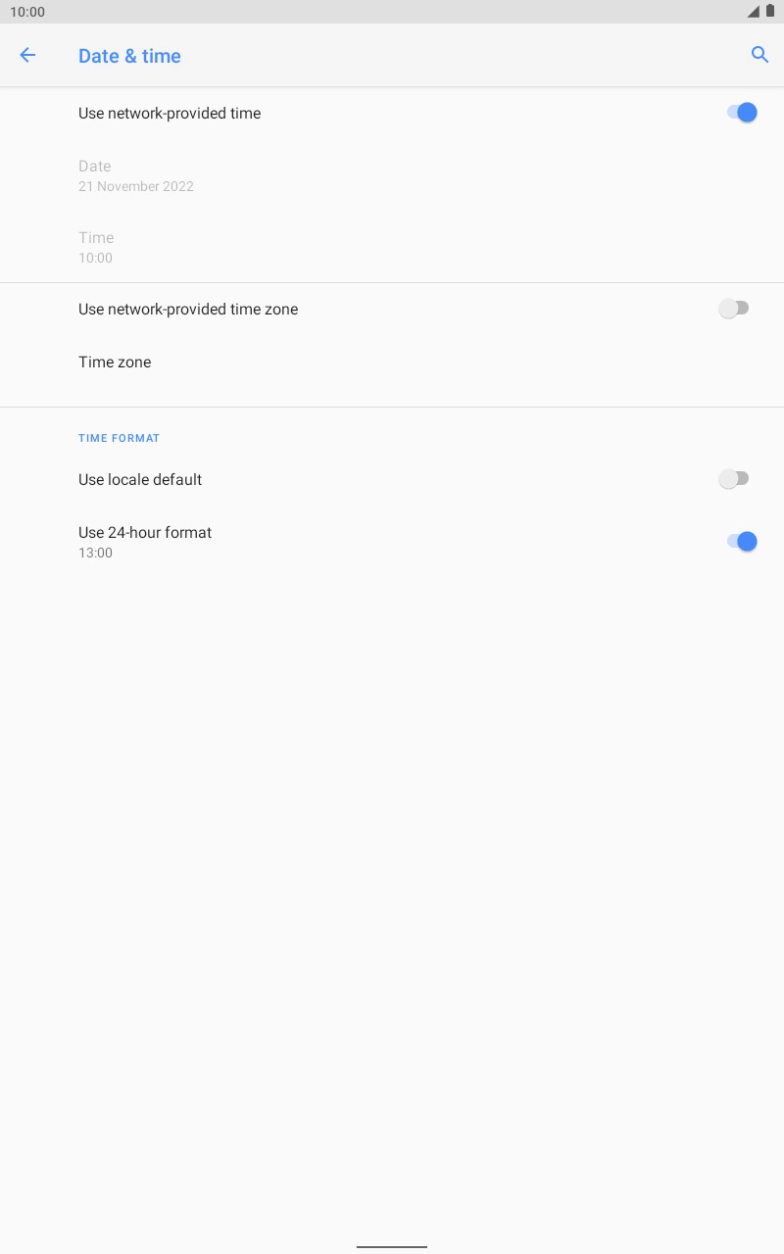 Press the indicator next to 'Use network-provided time zone' to turn on the function.