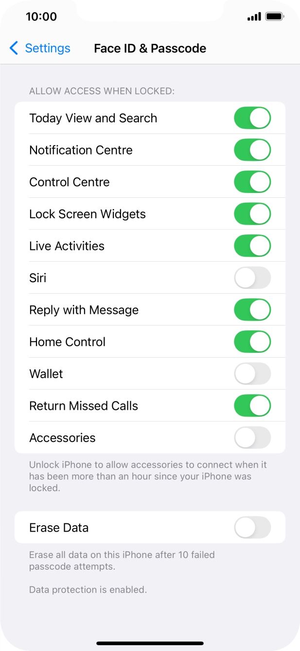 Press the indicator next to 'Erase Data' to turn the function on or off.