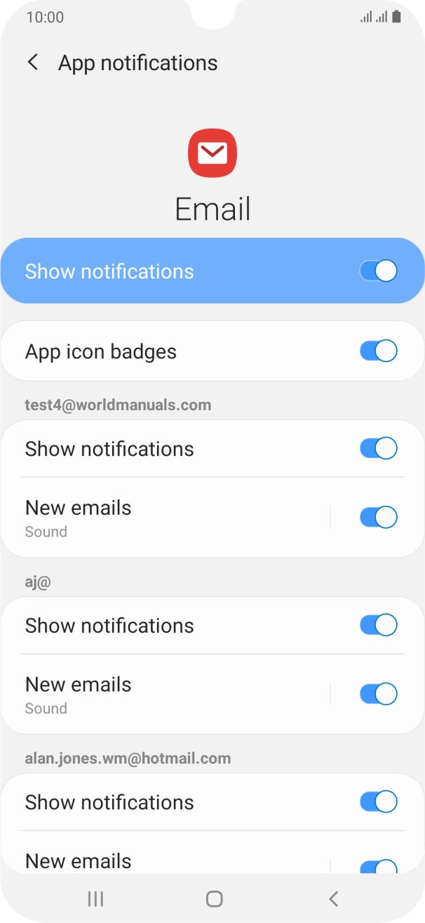 Press the indicator next to 'Show notifications' below the required email account to turn the function on or off. Press the indicator next to 'Show notifications' below the required email account to turn the function on or off.