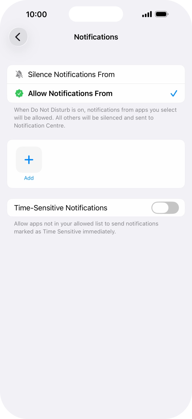 Press the indicator next to 'Time-Sensitive Notifications' to turn display of timed notifications on or off when Do Not Disturb is turned on. Press the indicator next to 'Time-Sensitive Notifications' to turn display of timed notifications on or off when Do Not Disturb is turned on.