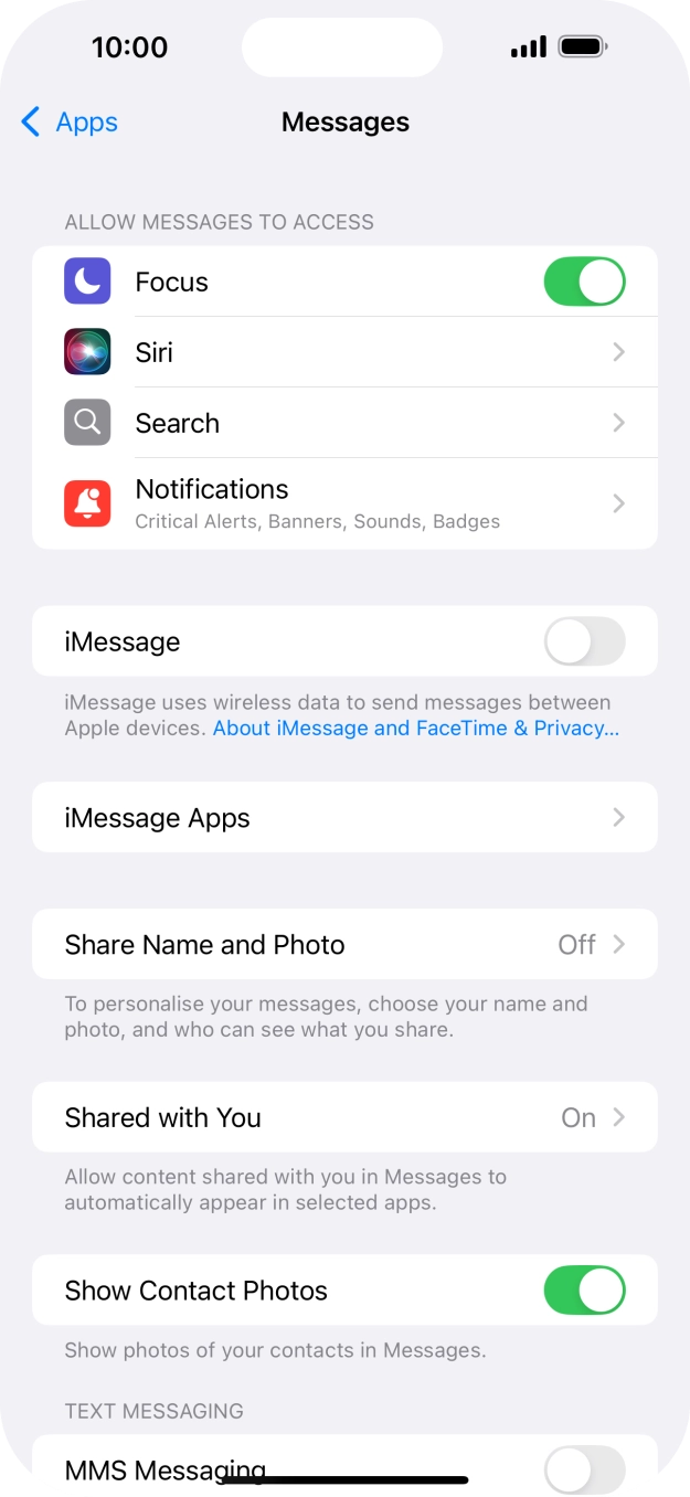 Press the indicator next to 'iMessage' to turn on the function.