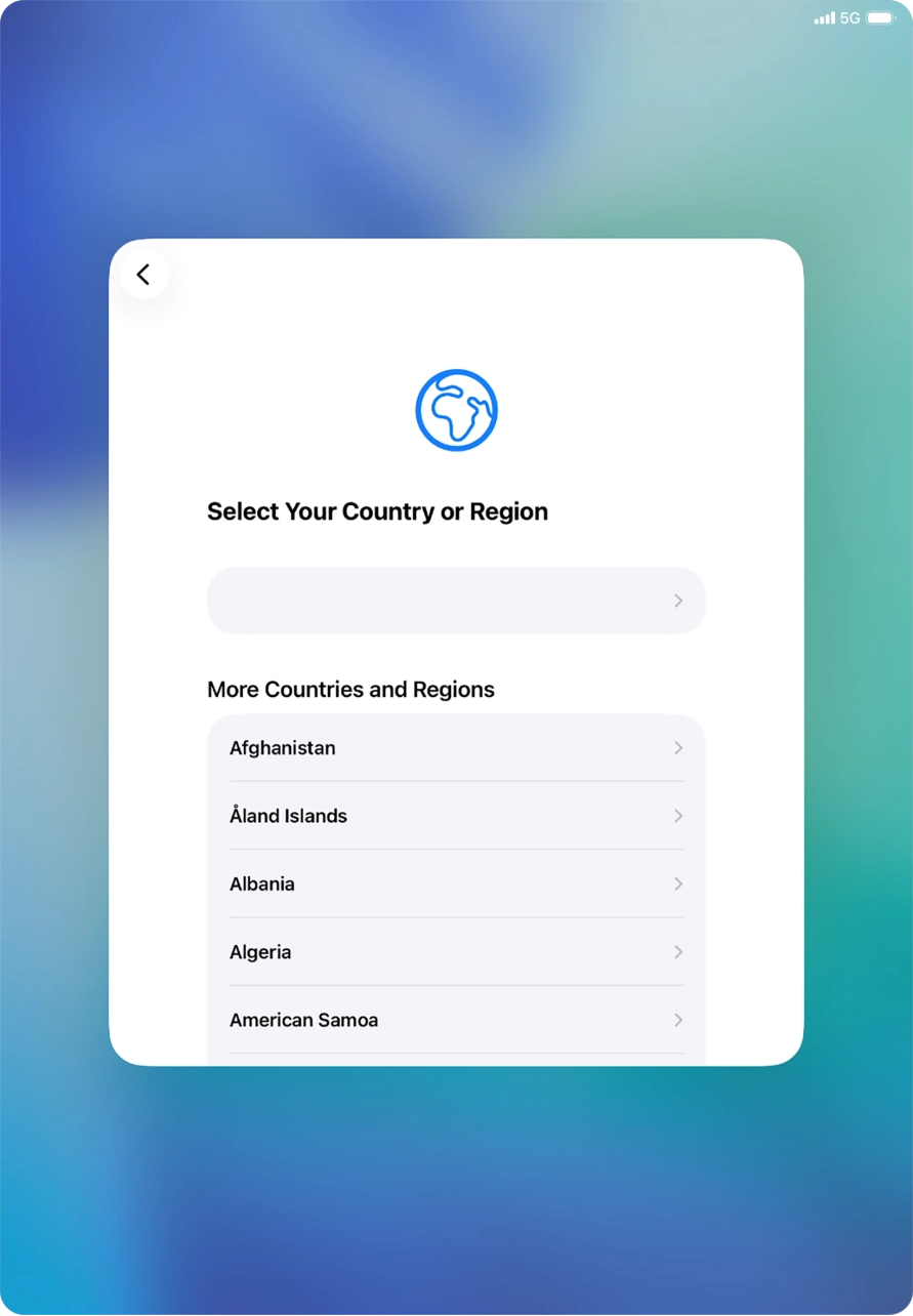 Press the required country or area. Press the required country or area.