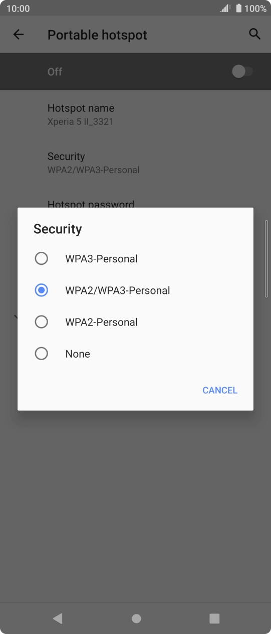 Press WPA2-Personal to password protect your WiFi hotspot. Press WPA2-Personal to password protect your WiFi hotspot.