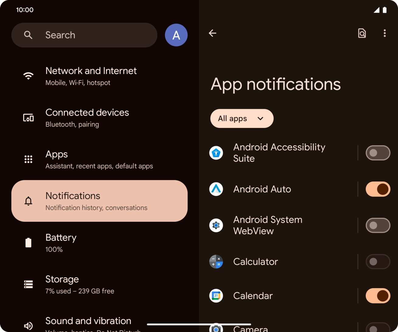 Press the indicator next to the required apps to turn the function on or off.