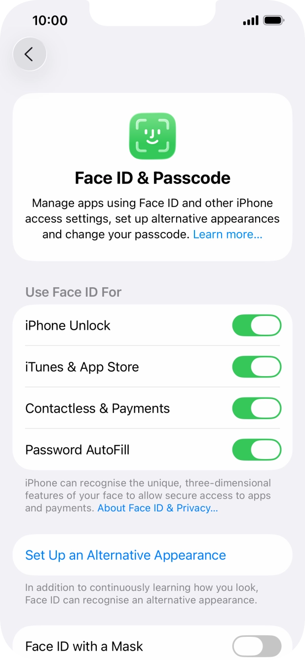 Press the indicators next to the required settings to turn them on or off.