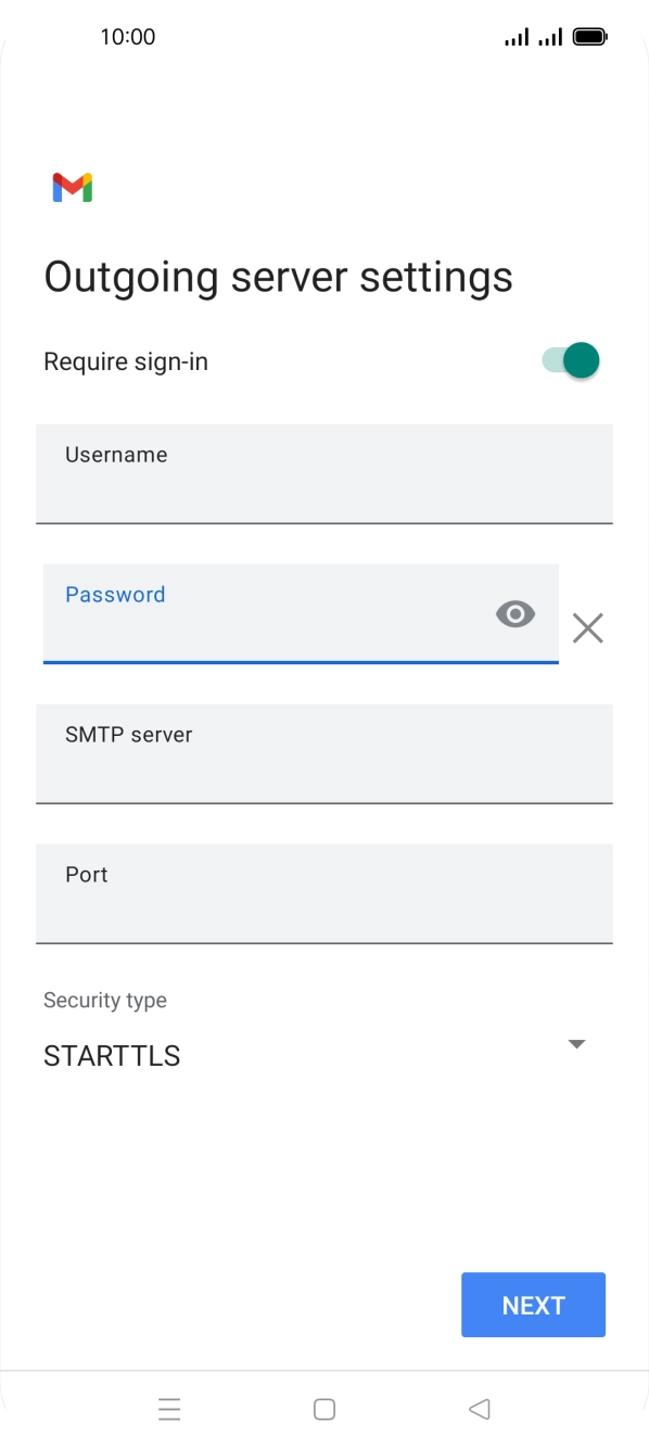 Press the field below 'SMTP server' and key in the name of your email provider's outgoing server. Press the field below 'SMTP server' and key in the name of your email provider's outgoing server.