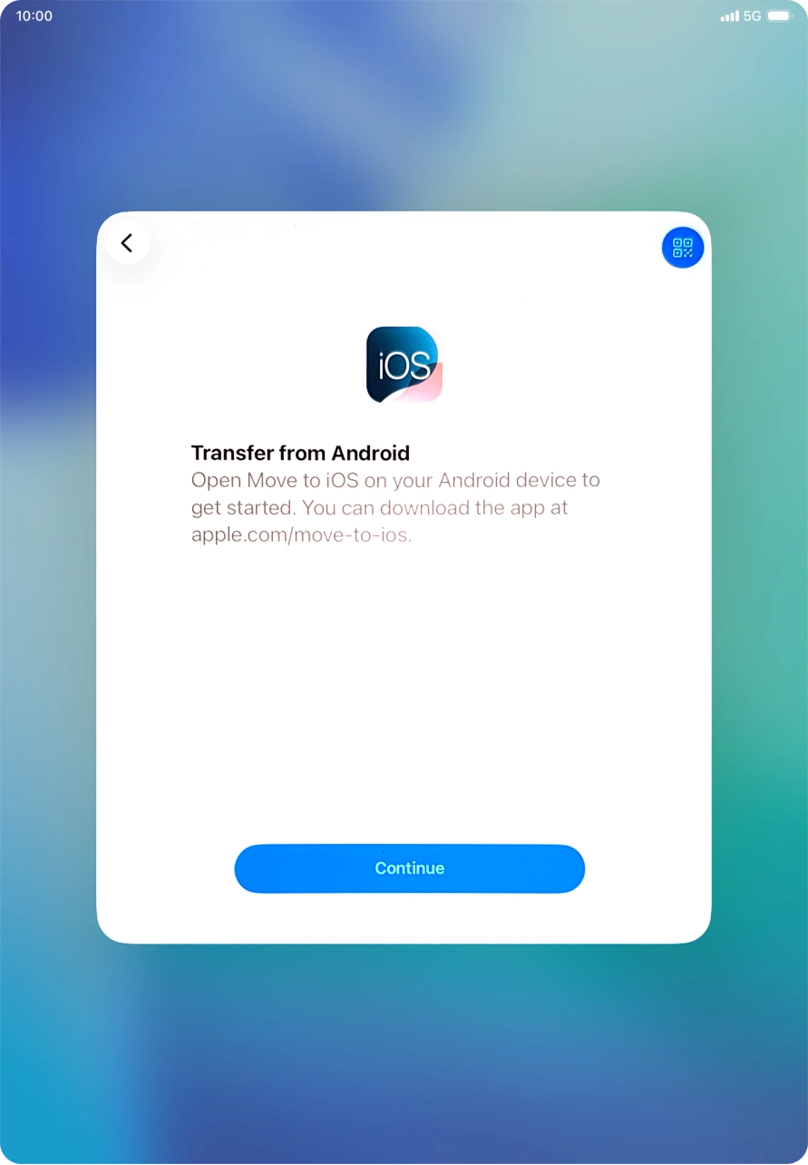 To transfer content to your tablet, you need to install the app 'Move to iOS' on the Android device. When the app is installed, press Continue.