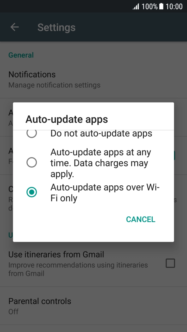 To turn on automatic update of apps using WiFi, press Auto-update apps over Wi-Fi only.