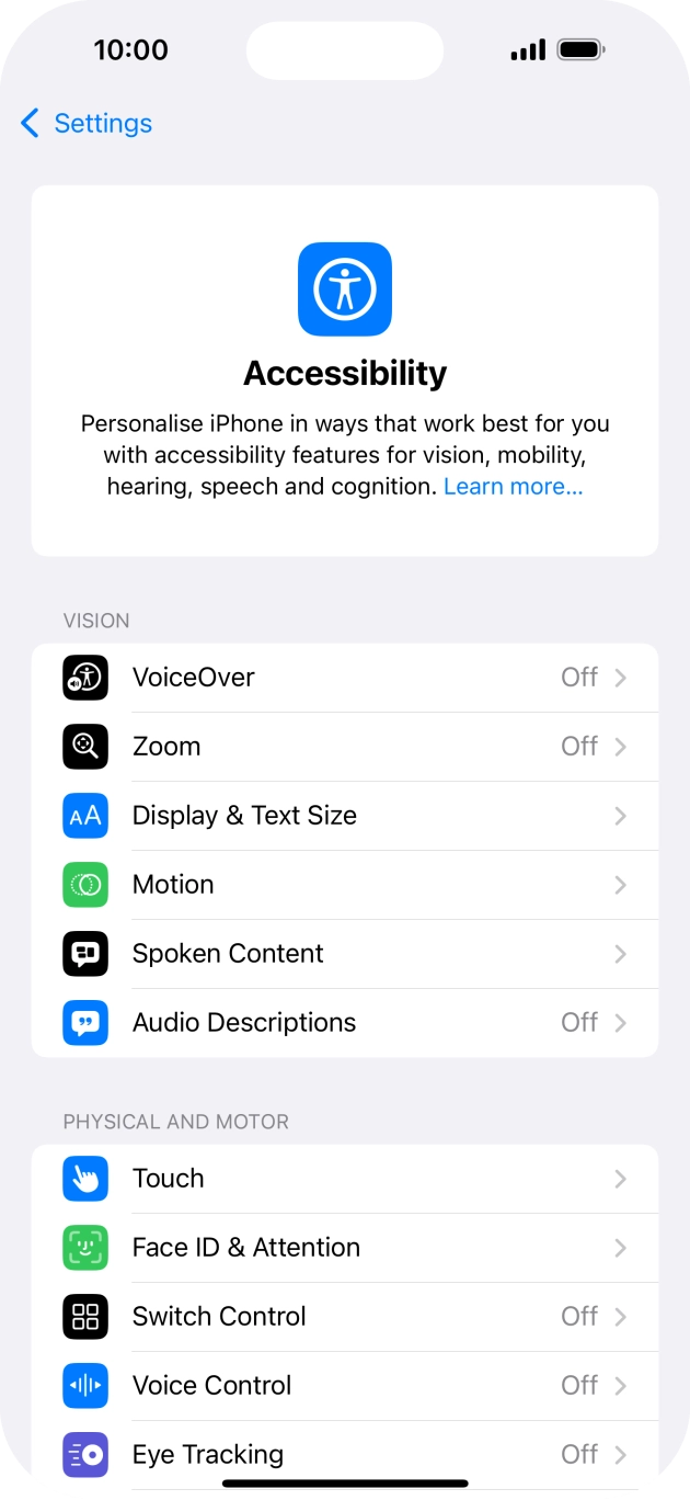Press the required category below 'VISION' and follow the instructions on the screen to select the required settings.