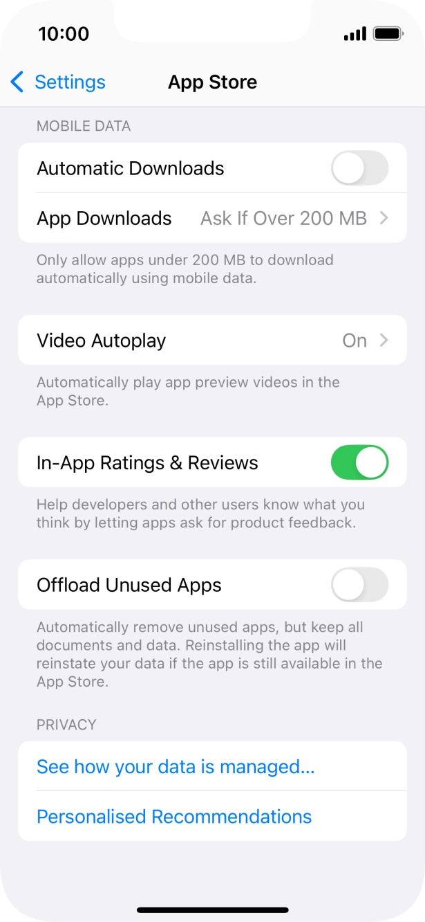 Press the indicator next to 'Offload Unused Apps' to turn the function on or off. Press the indicator next to 'Offload Unused Apps' to turn the function on or off.