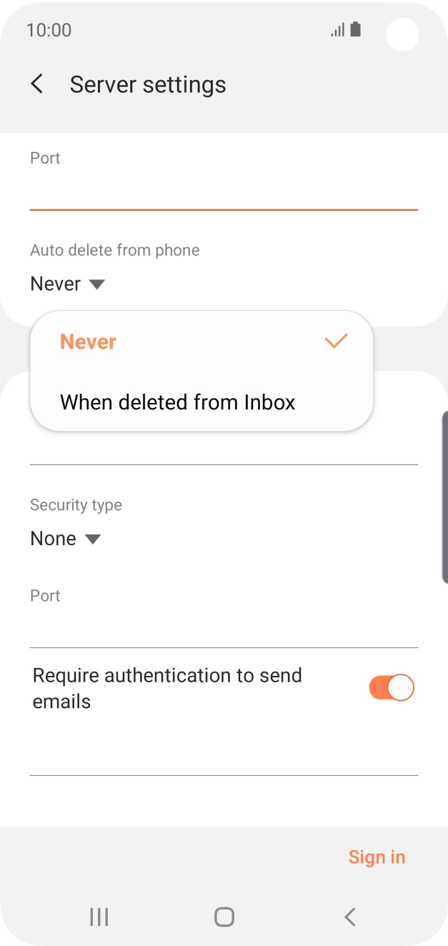 Press Never to keep emails on the server when you delete them on your phone. Press Never to keep emails on the server when you delete them on your phone.