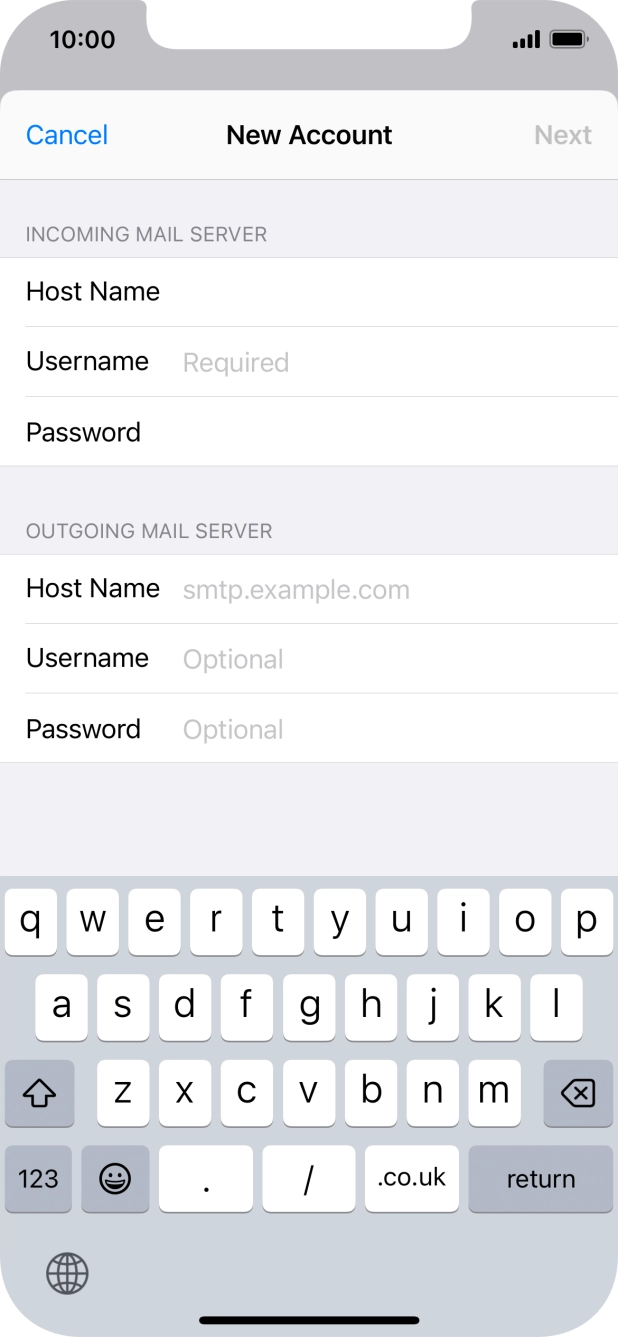 Press Username and key in the username for your email account. Press Username and key in the username for your email account.