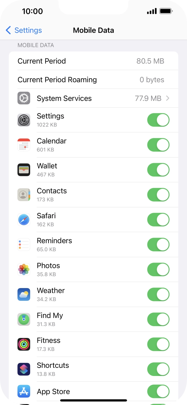 The data usage for each application is displayed below the name of the application.