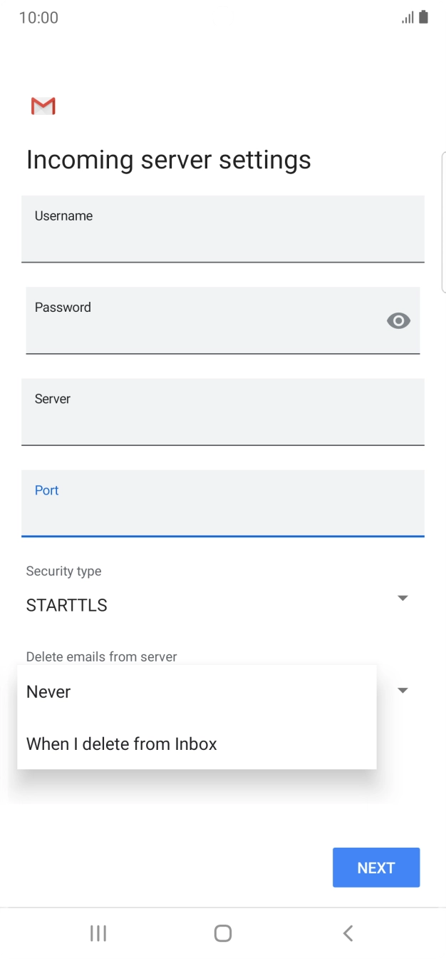 Press Never to keep emails on the server when you delete them on your phone. Press Never to keep emails on the server when you delete them on your phone.