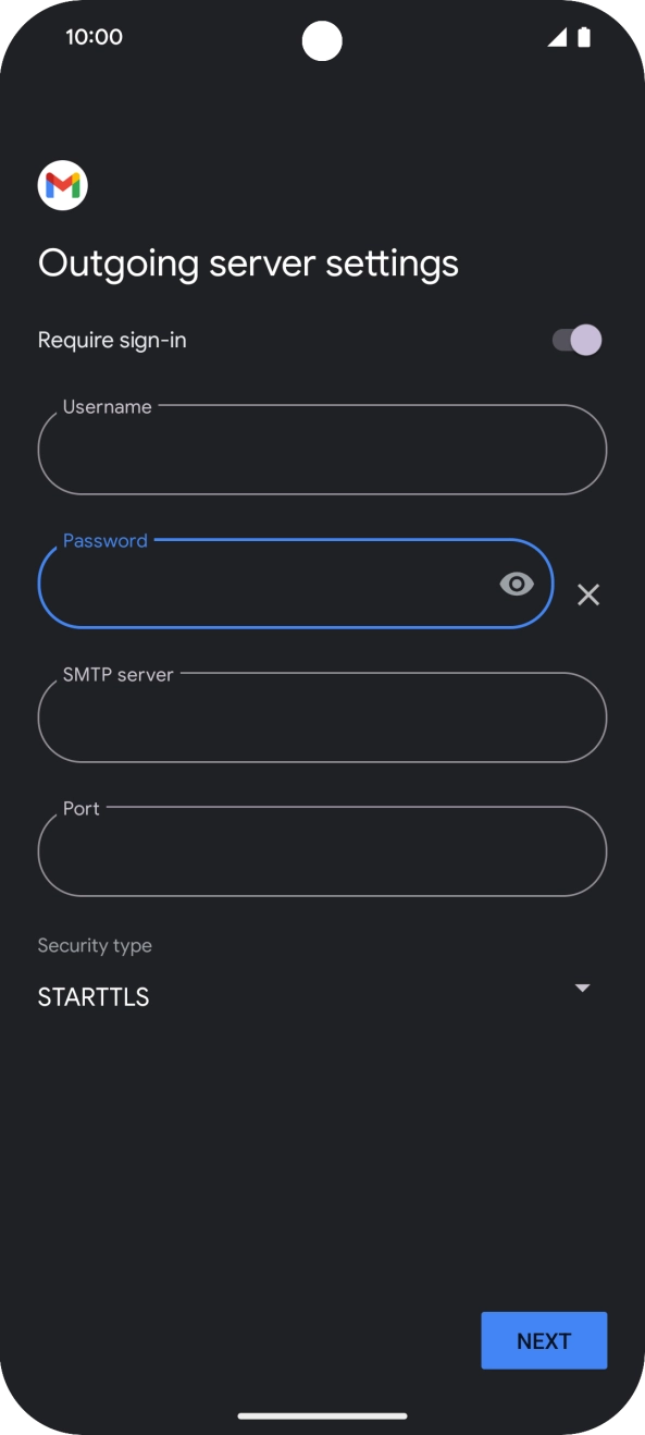 Press the field below 'SMTP server' and key in the name of your email provider's outgoing server. Press the field below 'SMTP server' and key in the name of your email provider's outgoing server.