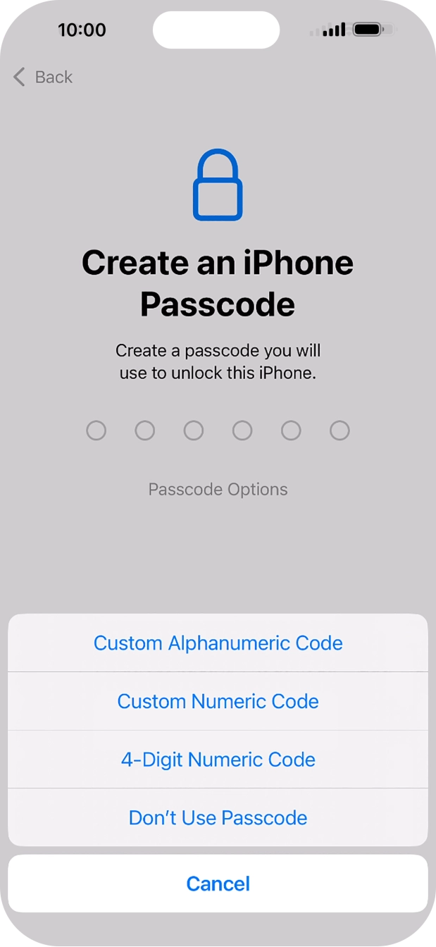 Follow the instructions on the screen to turn on the phone lock code or press Don't Use Passcode.