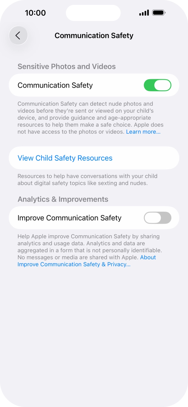 Press the indicator next to 'Communication Safety' to turn the function on or off. Press the indicator next to 'Communication Safety' to turn the function on or off.
